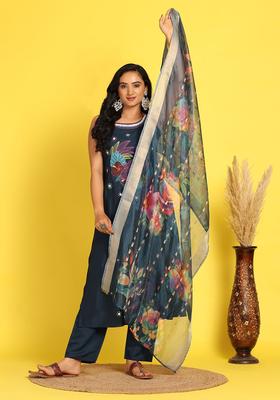Navy Blue Printed Silk Blend Kurta Set