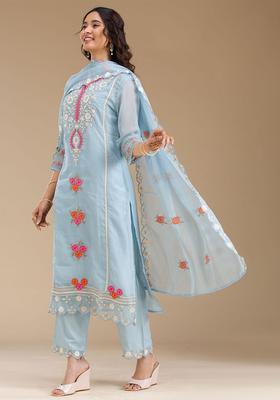 Blue Embroidered Crepe Kurta Set