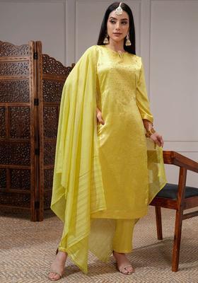 Lime Green Embroidered Polyester Kurta Set
