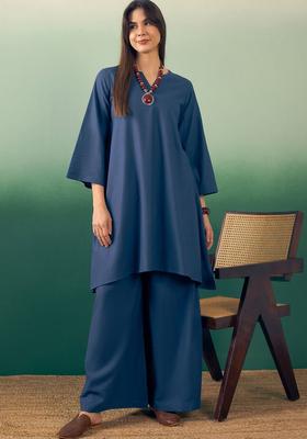 Blue Solid Cotton Kurta Set