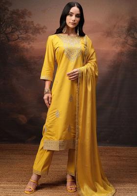 Yellow Embroidered Polyester Kurta Set