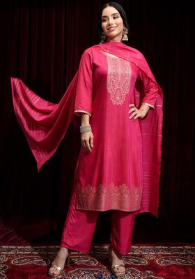 Magenta Printed Cotton Kurta Set