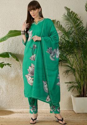 Green Printed Viscose Kurta Set