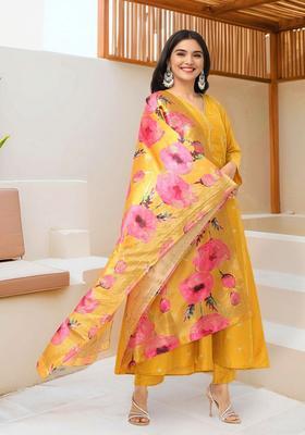 Yellow Embroidered Silk Anarkali Set