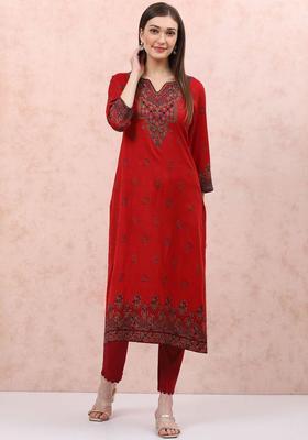 Red Woven Design Viscose Kurta Set