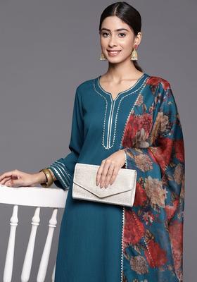 Teal Solid Silk Blend Kurta Set