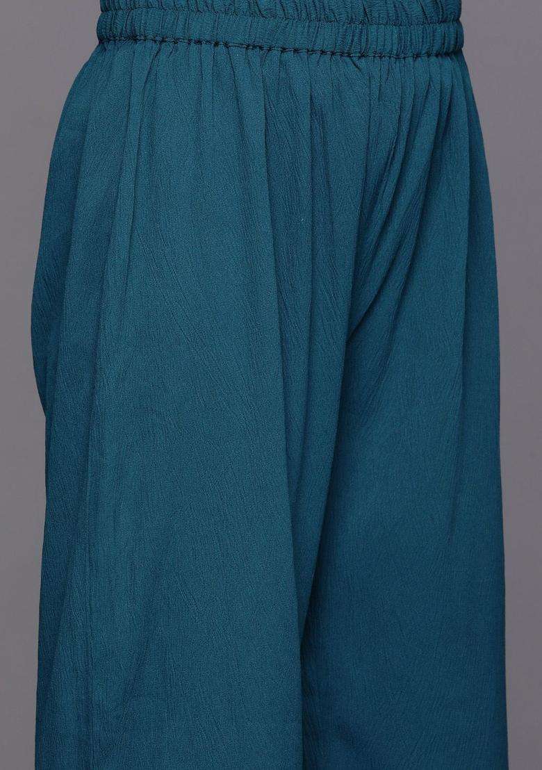 Teal Solid Silk Blend Kurta Set - Indya