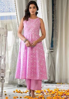 Lavender Printed Cotton Kurta Set