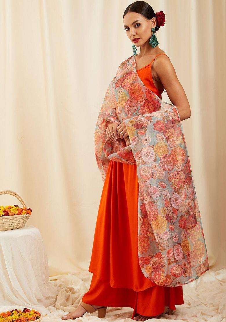 Orange Solid Viscose Anarkali Set - Indya