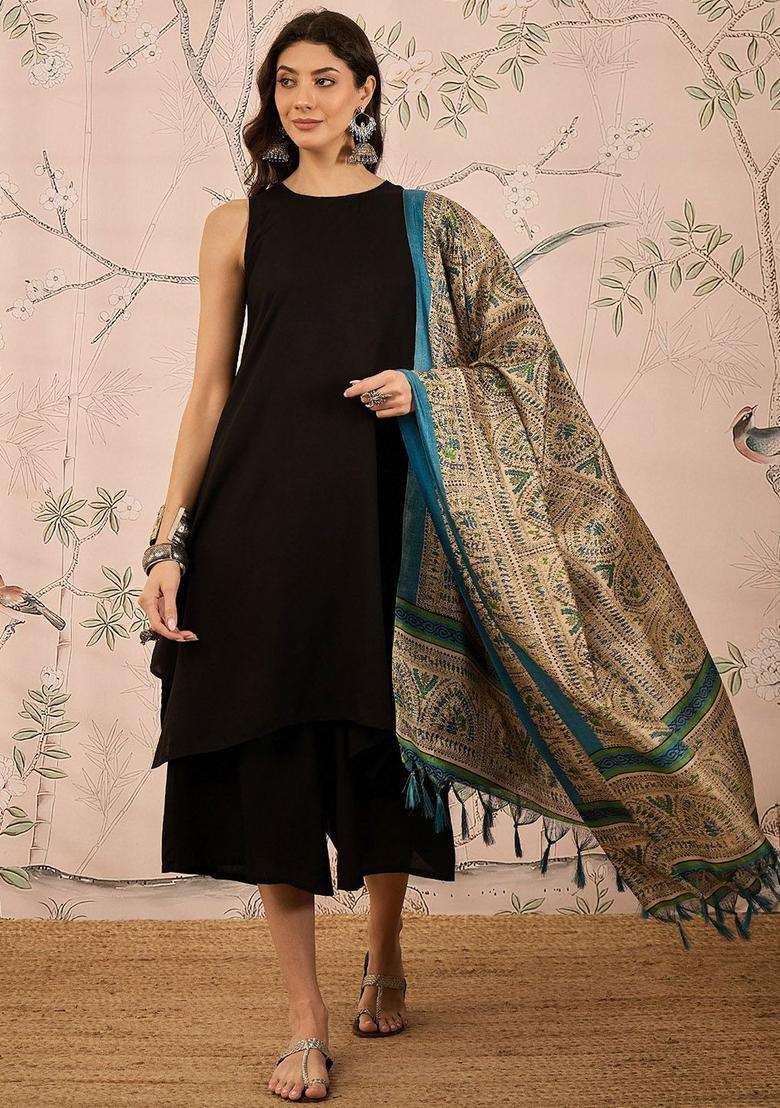 Black Solid Viscose Kurta Set - Indya