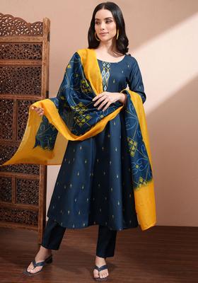 Navy Blue Printed Polyester Kurta Set