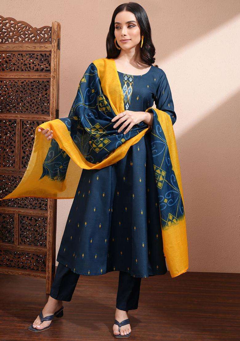 Navy Blue Printed Polyester Kurta Set - Indya