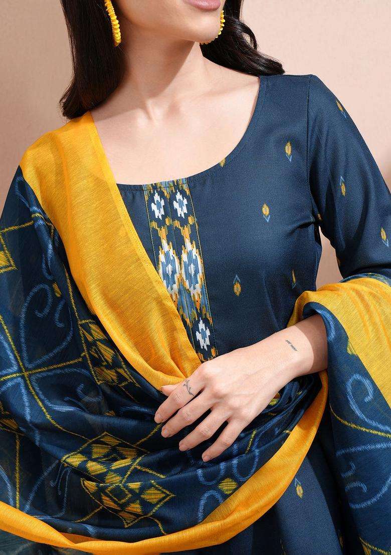 Navy Blue Printed Polyester Kurta Set - Indya