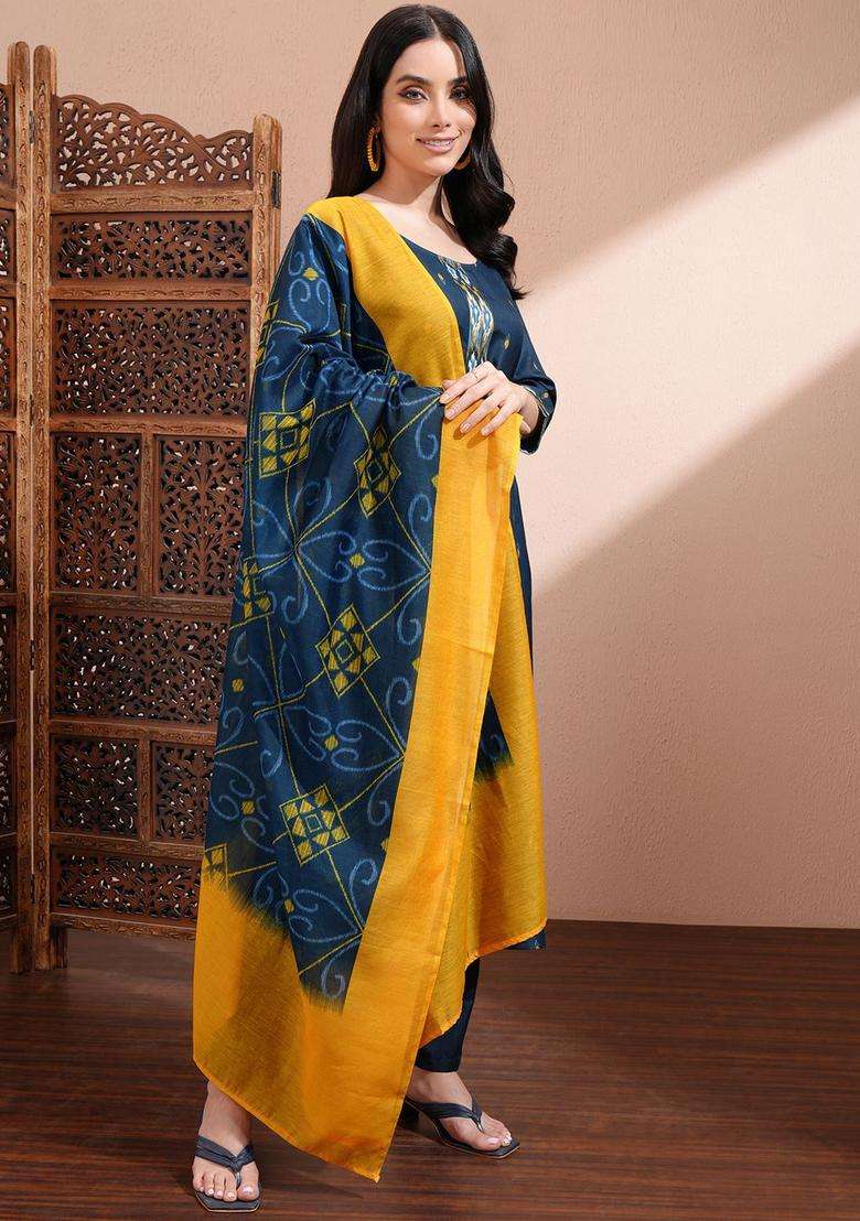Navy Blue Printed Polyester Kurta Set - Indya