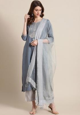 Blue Yoke Design Silk Blend Kurta Set