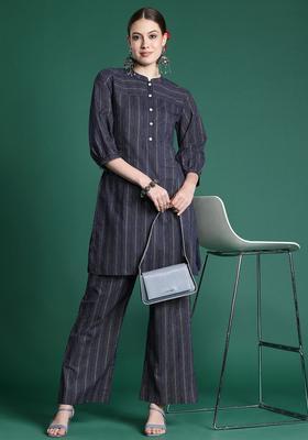 Navy Blue Printed Cotton Kurta Set