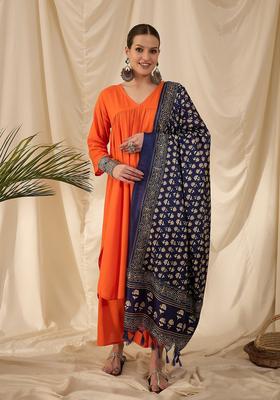 Orange Solid Viscose Kurta Set