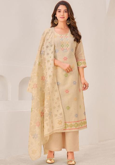 Beige Woven Design Linen Kurta Set — view on Indya