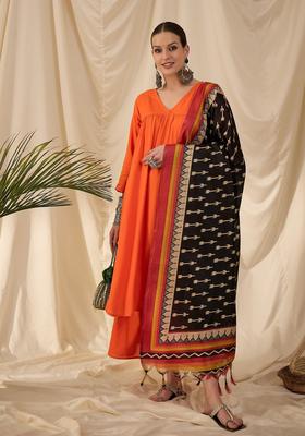 Orange Solid Viscose Kurta Set