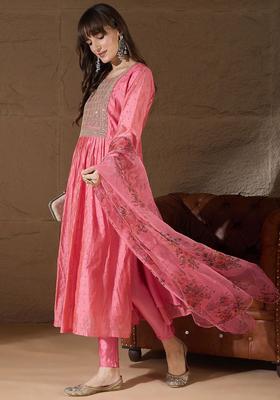 Pink Woven Design Silk Blend Kurta Set