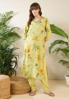 Lime Green Printed Cotton Kurta Set