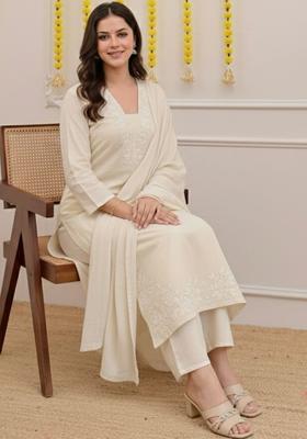 Off White Embroidered Viscose Kurta Set