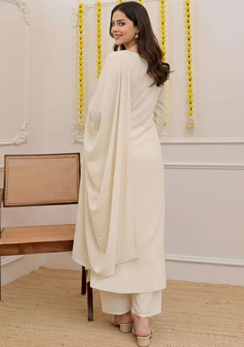 Off White Embroidered Viscose Kurta Set - Indya
