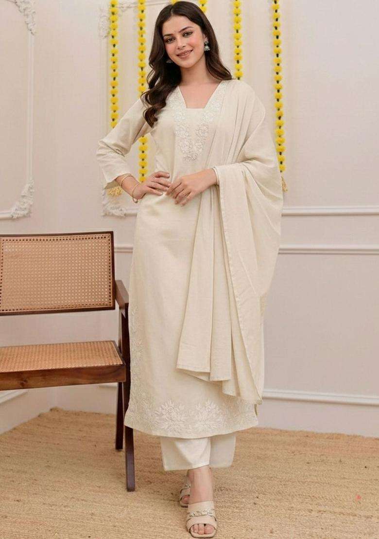 Off White Embroidered Viscose Kurta Set - Indya