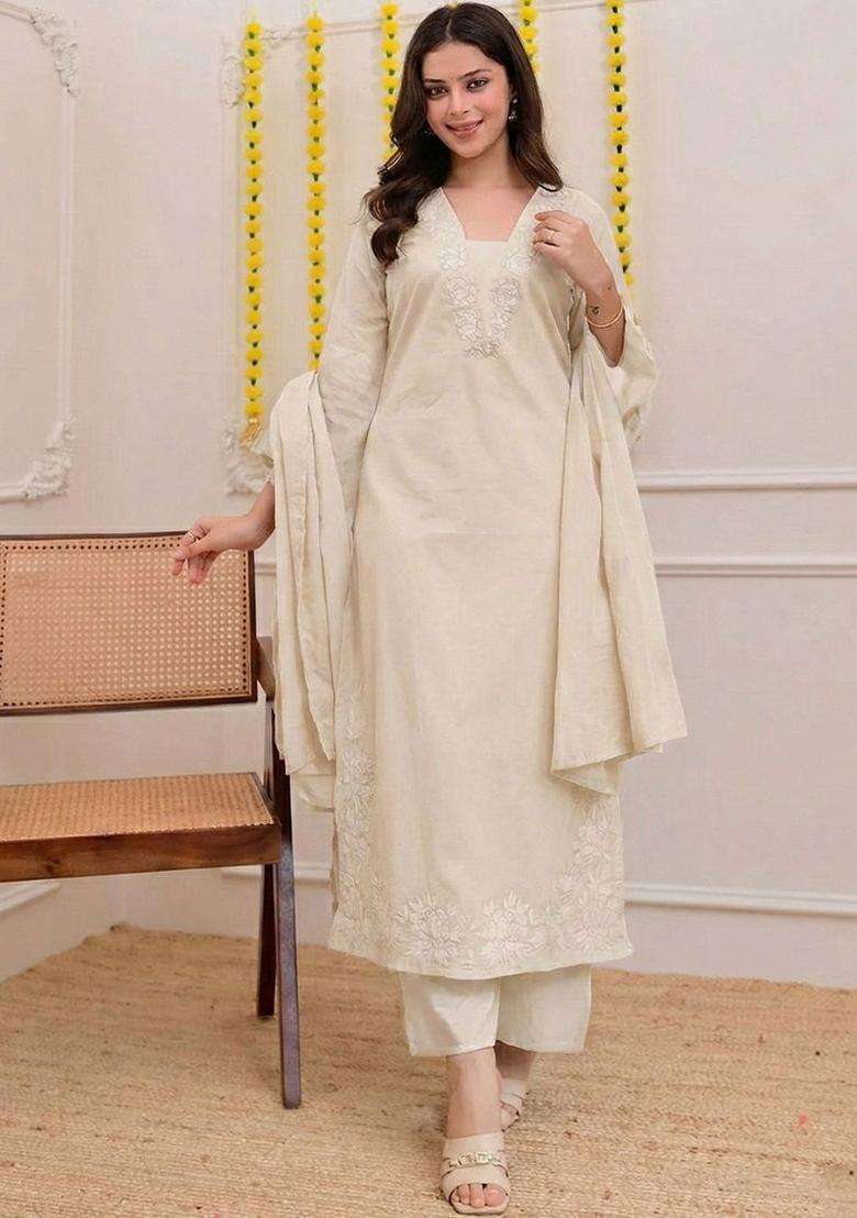 Off White Embroidered Viscose Kurta Set - Indya