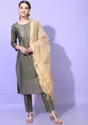 Olive Printed Viscose Kurta Set