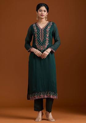 Green Printed Organza Kurta Set