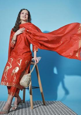Red Woven Design Silk Blend Kurta Set