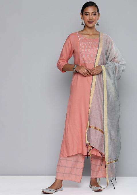 Coral Embroidered Viscose Kurta Set