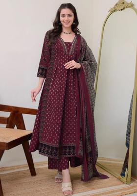 Maroon Printed Viscose Kurta Set