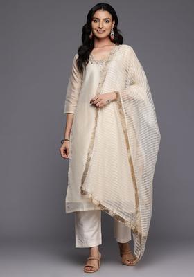 Off White Embroidered Silk Blend Kurta Set