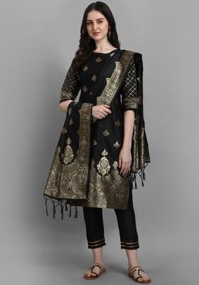 Black Printed Silk Blend Kurta Set