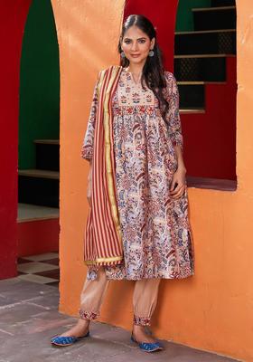 Beige Printed Cotton Kurta Set