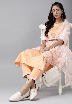Peach Embroidered Cotton Kurta Set
