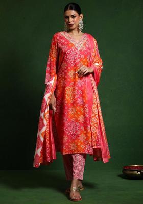 Orange Printed Cotton Kurta Set