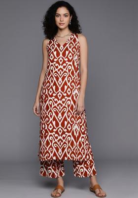 Brown Printed Cotton Kurta Set
