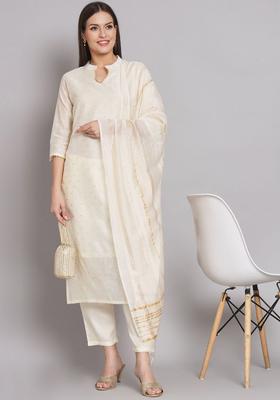 Off White Woven Design Silk Kurta Set