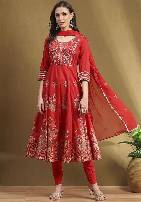 Red Embroidered Polyester Anarkali Set — view on Indya