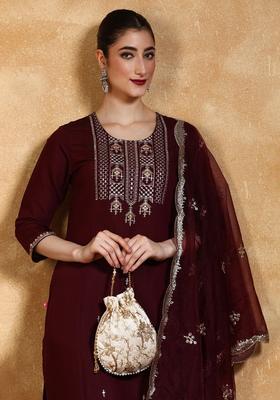 Burgundy Embroidered Silk Blend Kurta Set