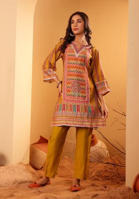 Mustard Printed Silk Blend Kurta Set