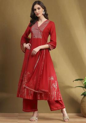 Red Yoke Design Cotton Kurta Set