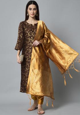 Brown Woven Design Silk Blend Kurta Set