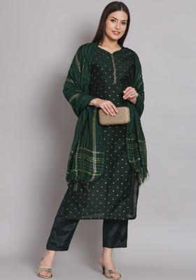 Green Woven Design Silk Blend Kurta Set