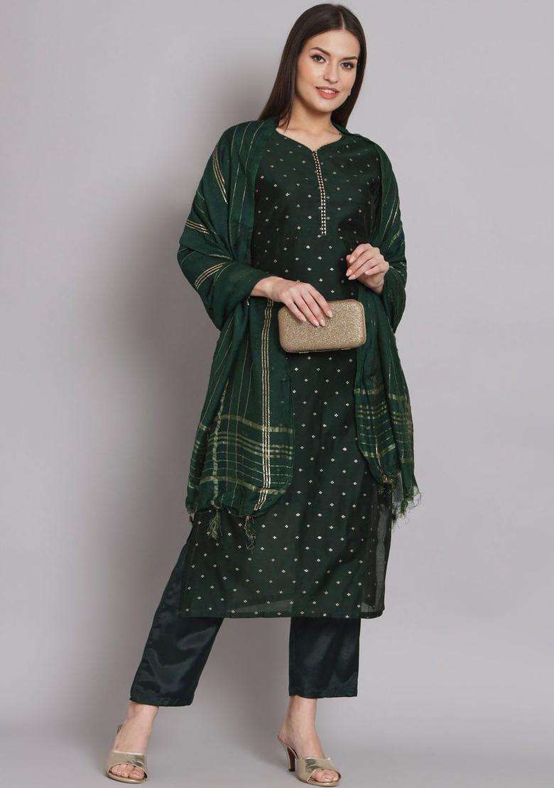 Green Woven Design Silk Blend Kurta Set - Indya