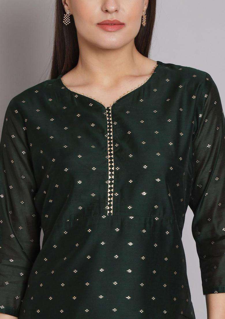 Green Woven Design Silk Blend Kurta Set - Indya