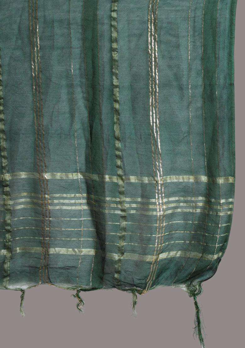 Green Woven Design Silk Blend Kurta Set - Indya
